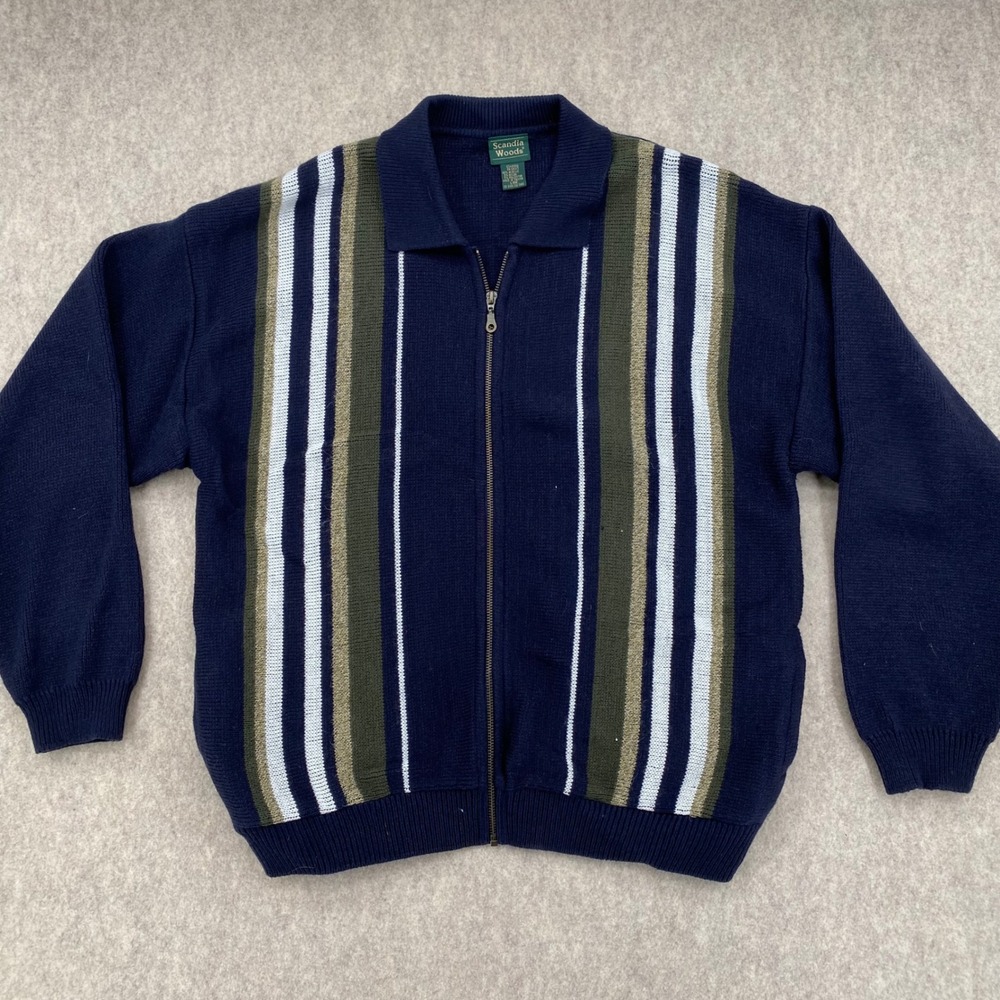 Scandia Woods Mens Full Zip Cardigan Sweater Navy Blue Striped Knit Large
